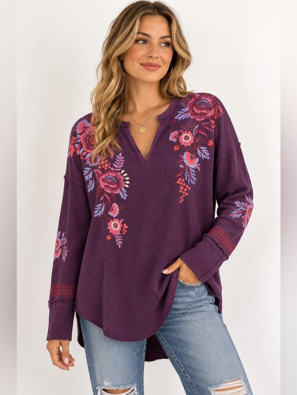 Johnny Was Los Angeles Purple Floral Embroidered Thermal Tunic Top